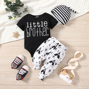 3pcs Baby Boy Letter Graphic Short-sleeve Romper and Allover Cactus Print Pants & Striped Hat Set