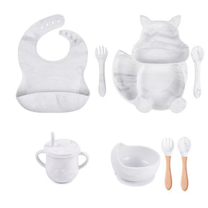 8Pcs Silicone Baby Feeding Tableware Set Includes Suction Bowl & Divided Plates & Adjustable Bib & Straw Sippy Cup with Lid & Forks & Spoons