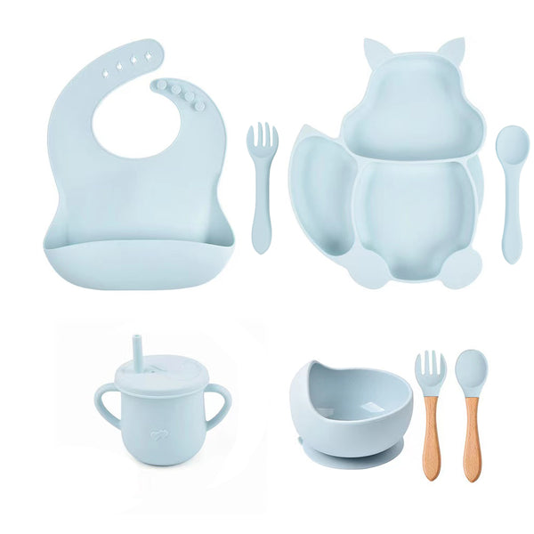 8Pcs Silicone Baby Feeding Tableware Set Includes Suction Bowl & Divided Plates & Adjustable Bib & Straw Sippy Cup with Lid & Forks & Spoons