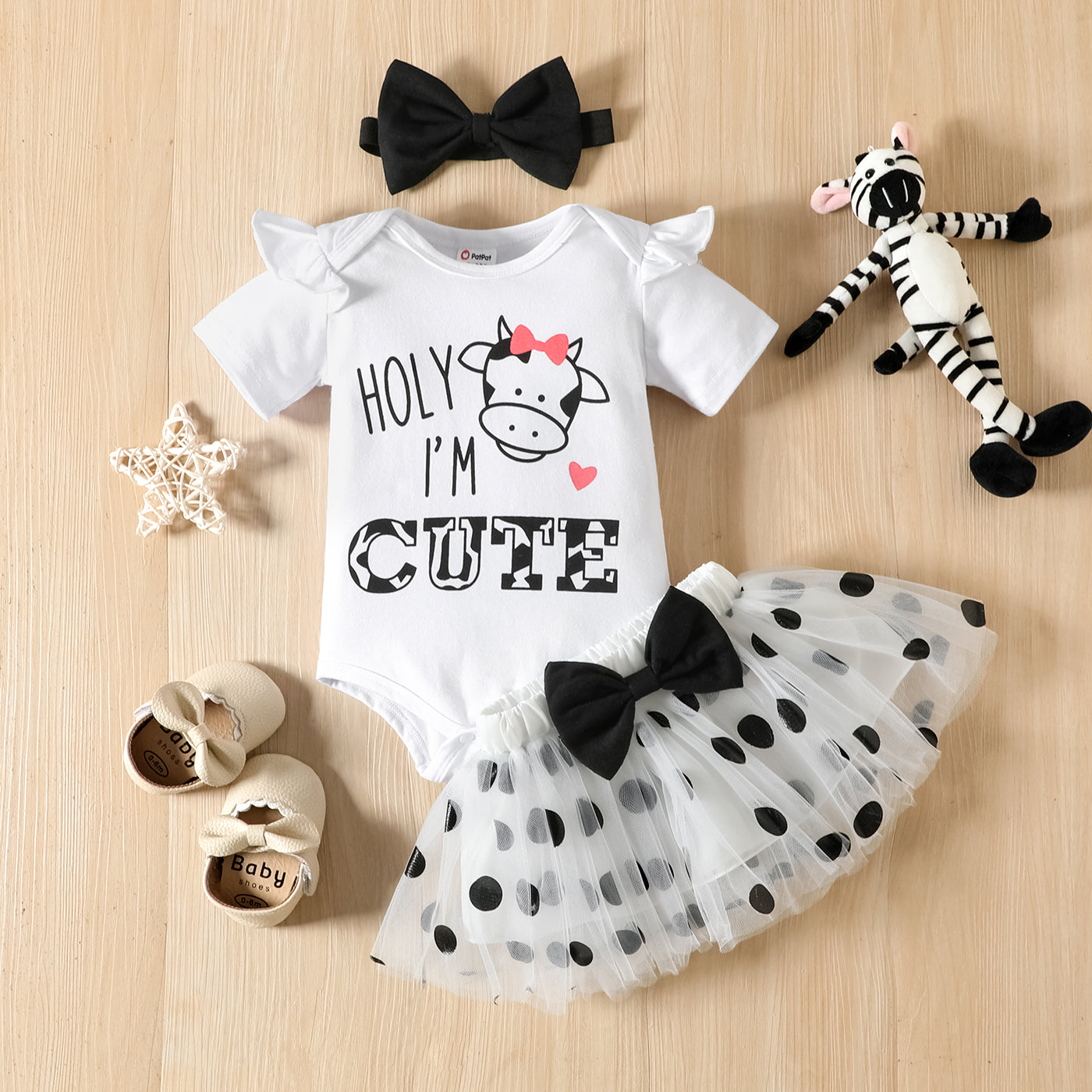 3pcs Baby Girl 95% Cotton Ruffle Short-sleeve Letter & Cow Print Romper and Polka Dots Mesh Skirt & Headband Set