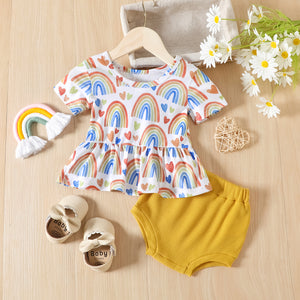 2pcs Baby Girl Allover Rainbow Print Short-sleeve Tee and Solid Waffle Shorts Set