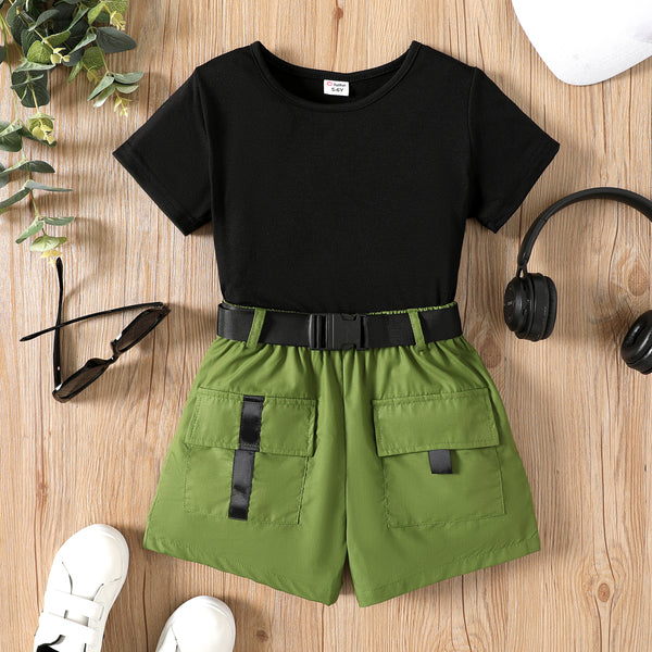 2pcs Kid Girl Short-sleeve Tee and Pocket Design Belted Shorts Set
