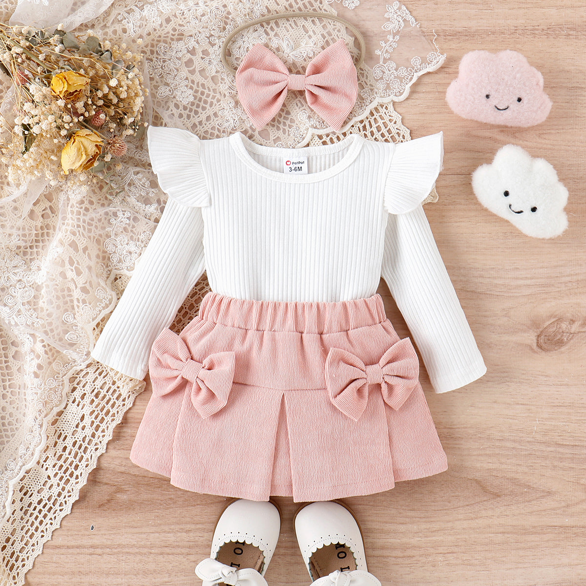 3pcs Baby Girl 95% Cotton Ribbed Ruffle Long-sleeve Top and Bow Front Skirt & Headband Set
