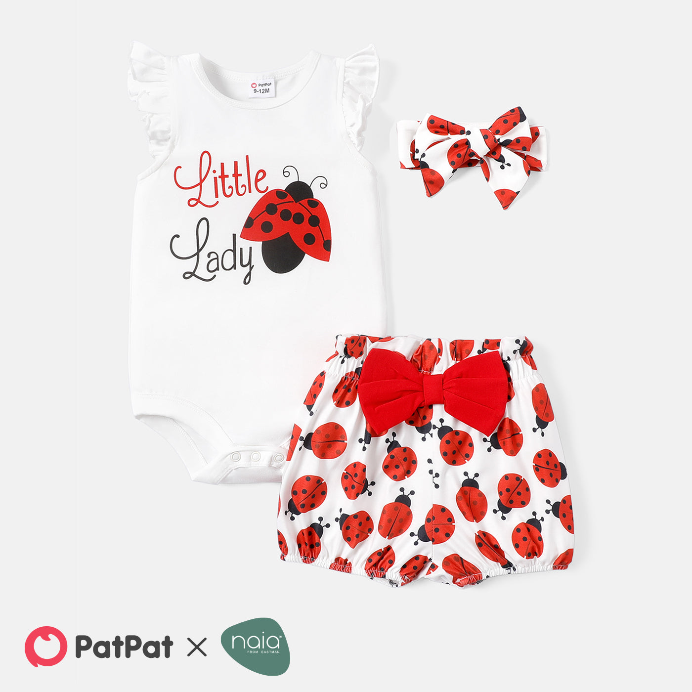 3pcs Baby Girl Cotton Ruffle Short sleeve Letter Graphic Romper and Ladybird Print Naia? Belted Shorts & Headband Set -Globle