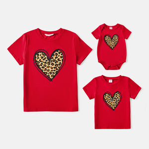 Valentine's Day Mommy and Me Cotton Short-sleeve Leopard Heart Print Red T-shirts