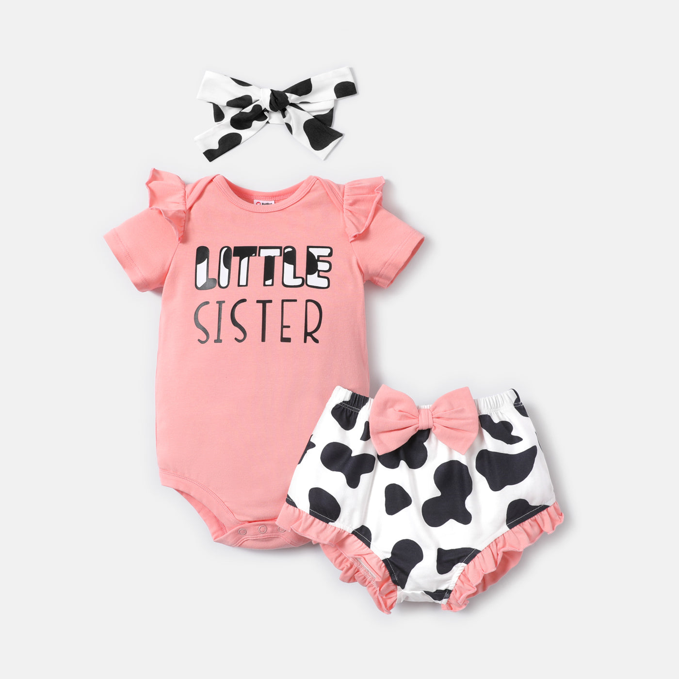 3pcs Baby Girl Cotton Short sleeve Letter Graphic Romper and Cow Print Naia? Shorts & Headband Set -Globle