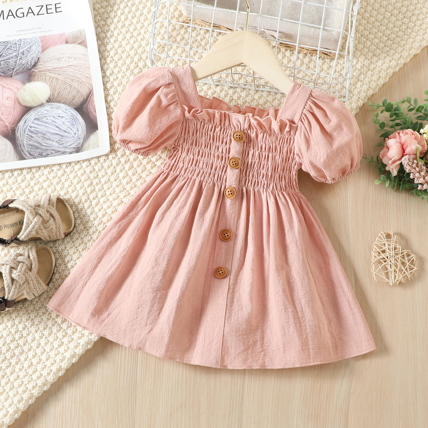 Baby Girl 100% Cotton Pink Square Neck Puff-sleeve Button Front Shirred Dress