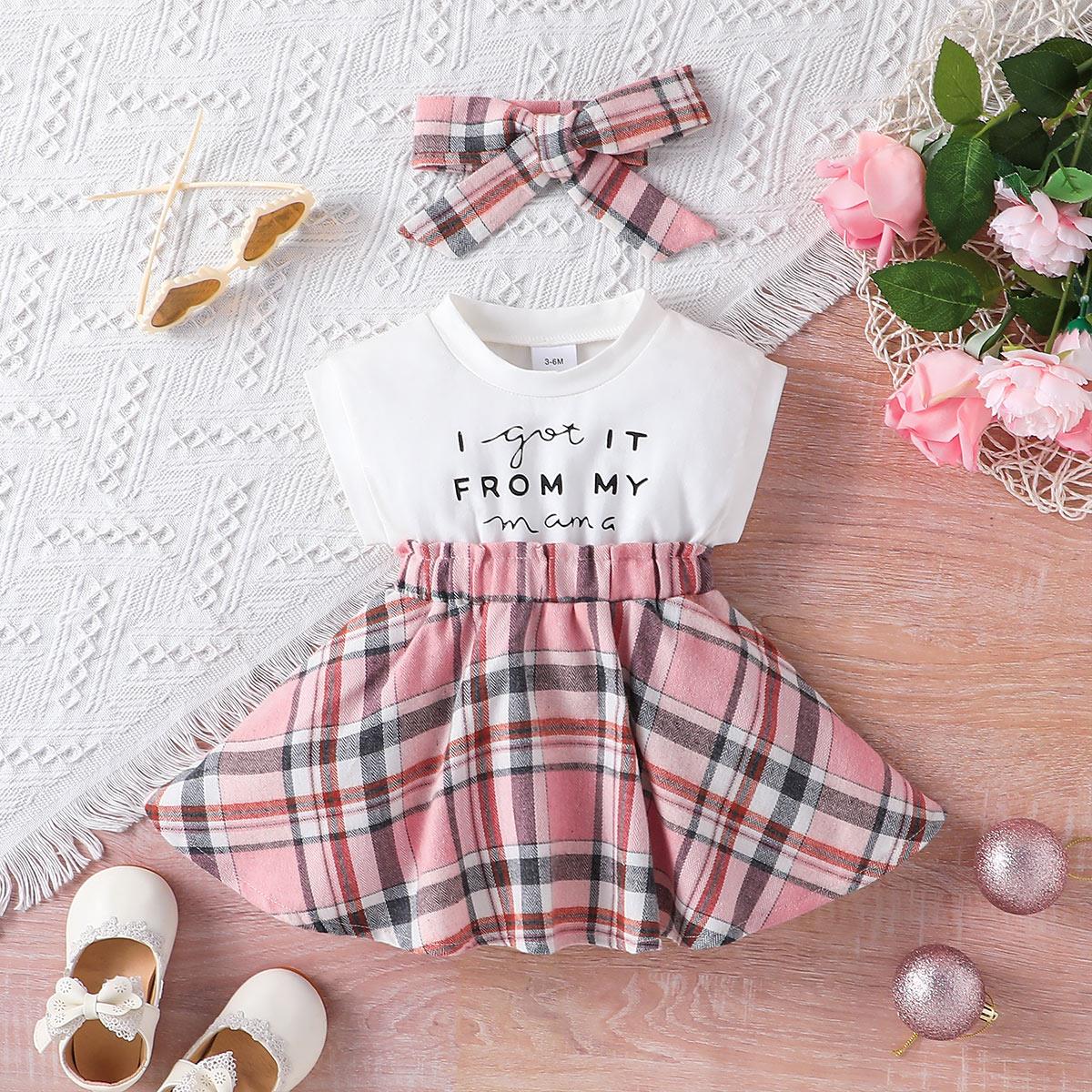 2pcs Baby Girl 95% Cotton Letter Print Sleeveless Spliced Plaid Dress & Headband Set