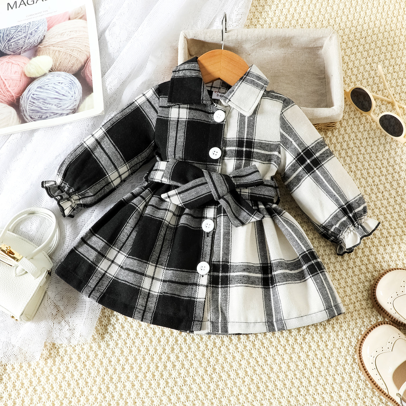 Baby Girl Two Tone Plaid Long-sleeve Belted Button Up Shirt Dress