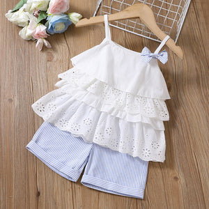 2pcs Toddler Girl Sweet 100% Cotton Bowknot Design Layered Camisole and Stripe Shorts Set