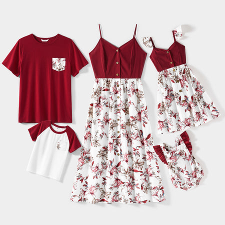 Family Matching Cotton Short-sleeve T-shirts and Floral Print Spliced Cami Dresses Sets