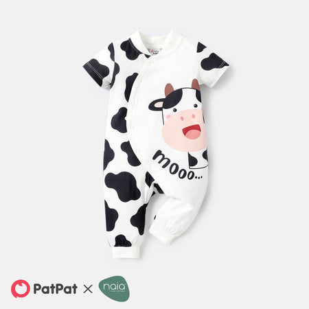 Naia? Baby Boy Short sleeve Letter & Cow Print Jumpsuit -Globle