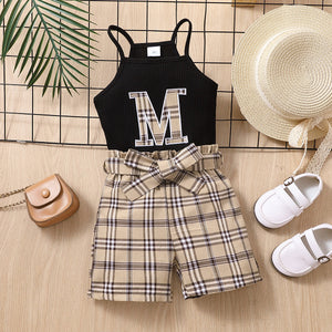 2pcs Toddler Girl Trendy Letter Embroidered Camisole and Plaid Belted Shorts Set