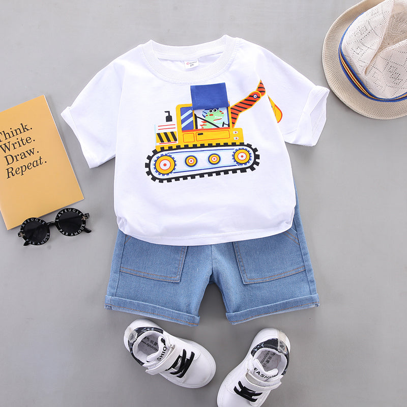 2pcs Toddler Boy Playful Denim Pocket Design Shorts and Vehicle Print Tee set