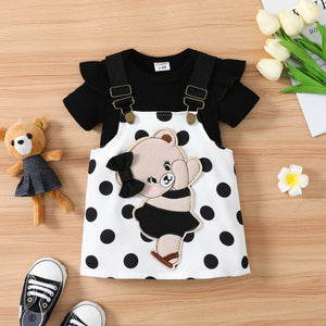 2pcs Baby Girl 95% Cotton Ruffle Trim Short-sleeve Romper and Bear Graphic Polka Dots Overall Dress Set