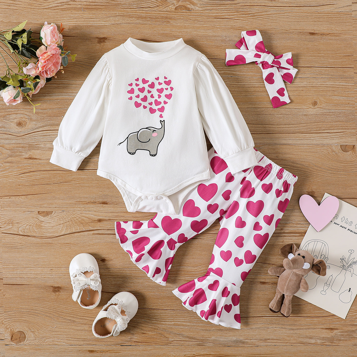 3pcs Baby Girl 95% Cotton Long-sleeve Elephant Graphic Romper and Allover Heart Print Flared Pants & Headband Set