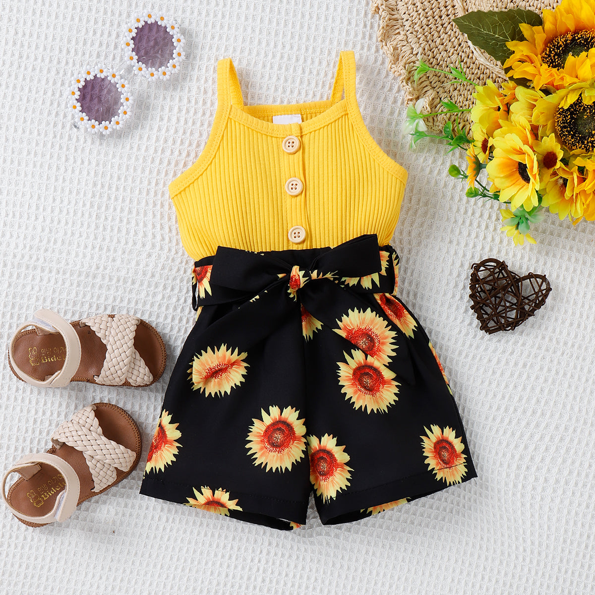 Baby Girl Sunflower Print & Ribbed Spliced Spaghetti Strap Romper Shorts