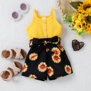 Baby Girl Sunflower Print & Ribbed Spliced Spaghetti Strap Romper Shorts