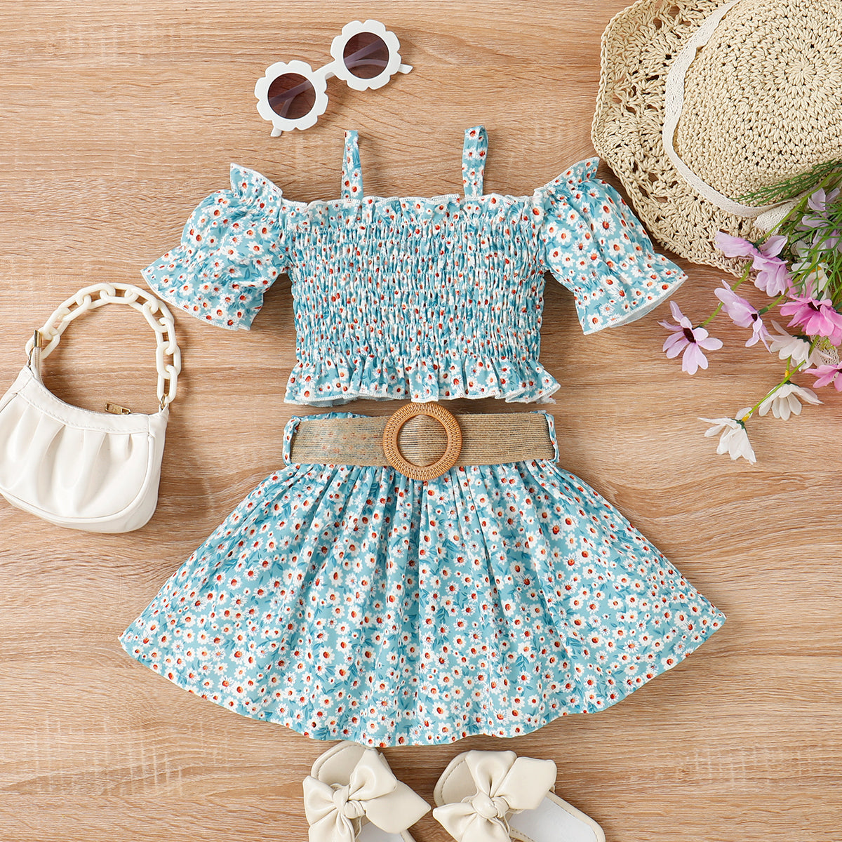 2pcs Toddler Girl Sweet Floral Print Smocked Camisole and Skirt & Belt Set