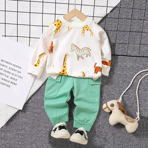 2pcs Baby Boy Allover Dinosaur Print Long-sleeve Sweatshirt & Solid Pants Set