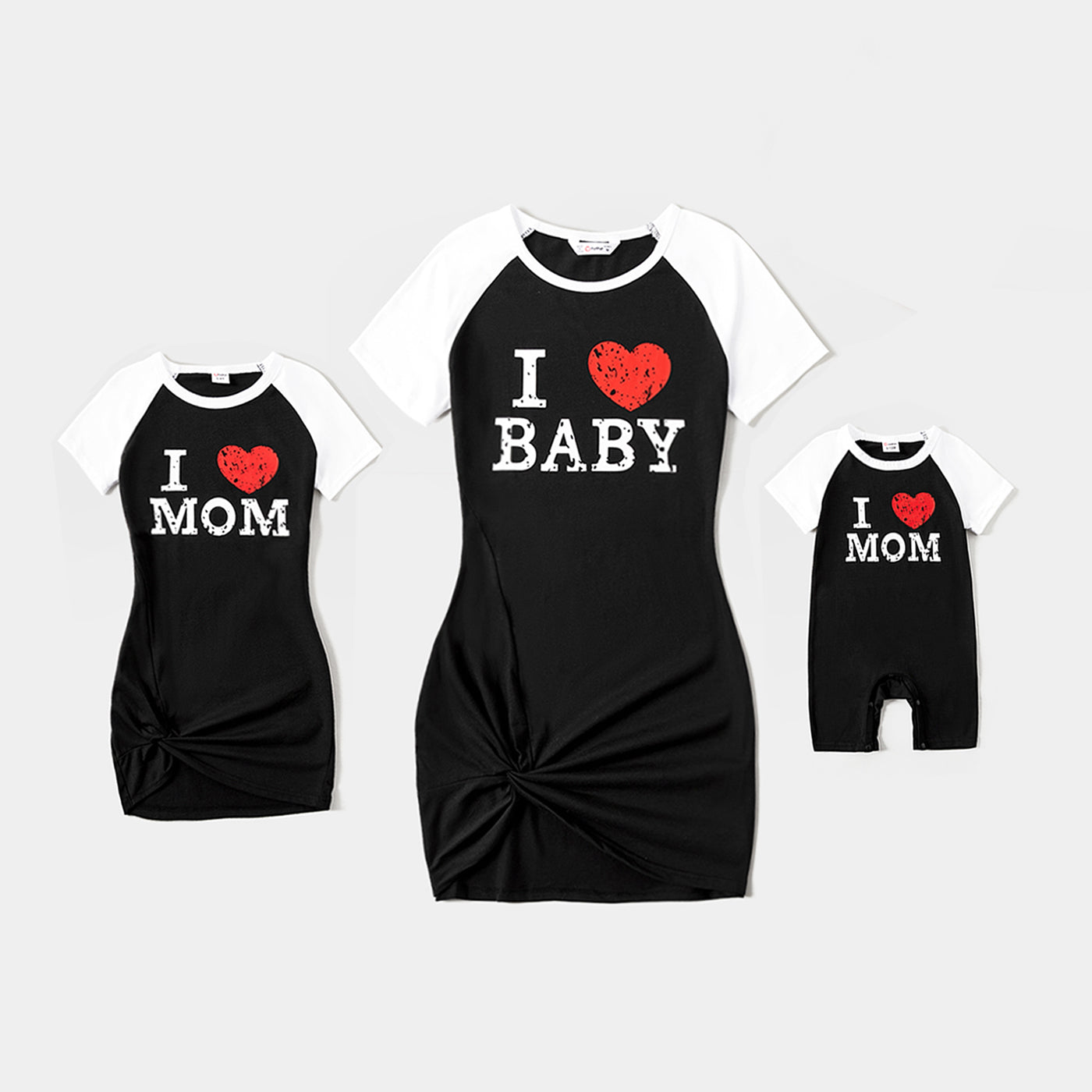 Valentine's Day Mommy and Me Cotton Raglan Sleeve Heart & Letter Print Twist Knot Bodycon Dresses