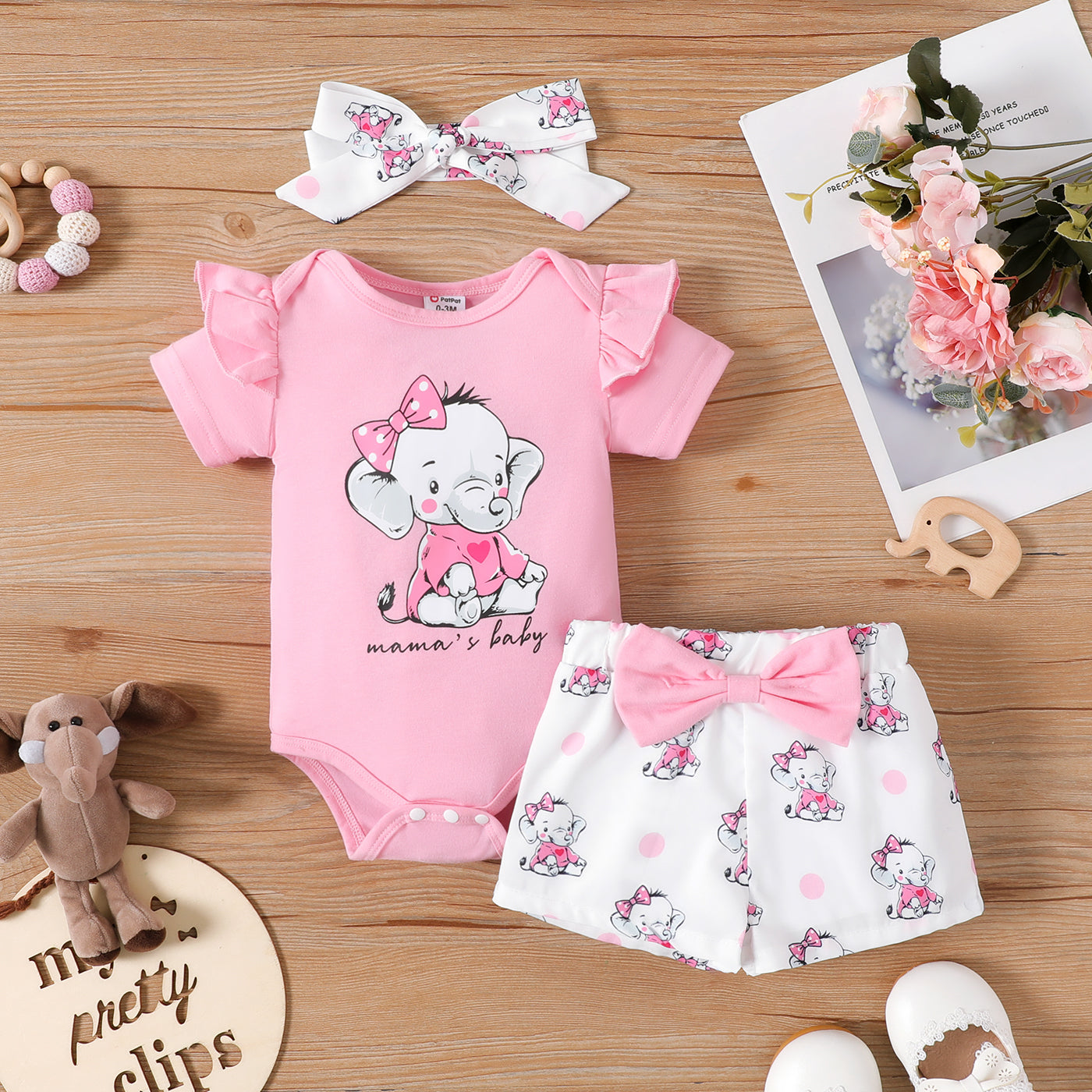 Mother's Day 3pcs Baby Girl Elephant Print Ruffle Short-sleeve Romper and Bow Front Shorts & Headband Set