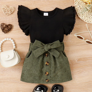 2pcs Toddler Girl Sweet Ruffled Ribbed Tee and Button Design Belted Skirt Set