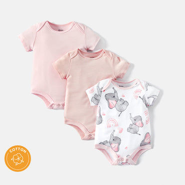 3-Pack Baby Girl/Boy Elephant Print/Solid Color Short-sleeve Rompers