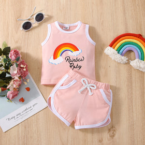 2pcs Baby Girl Rainbow & Letter Print Tank Top & Shorts Set