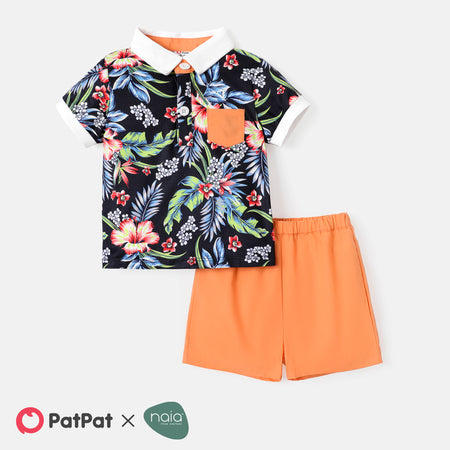 2pcs Baby Boy 100% Cotton Solid Shorts and Short sleeve Allover Floral Print Naia? Polo Shirt Set -Globle