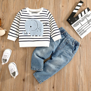 2pcs Baby Boy 95% Cotton Long-sleeve Elephant Embroidered Striped Sweatshirt & Jeans Set