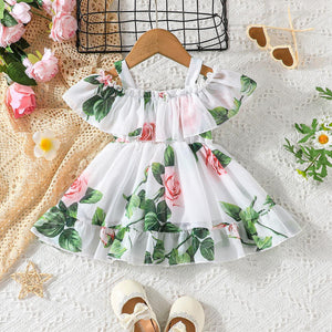 Baby Girl Allover Floral Print Ruffled Cold Shoulder Flowy Chiffon Dress
