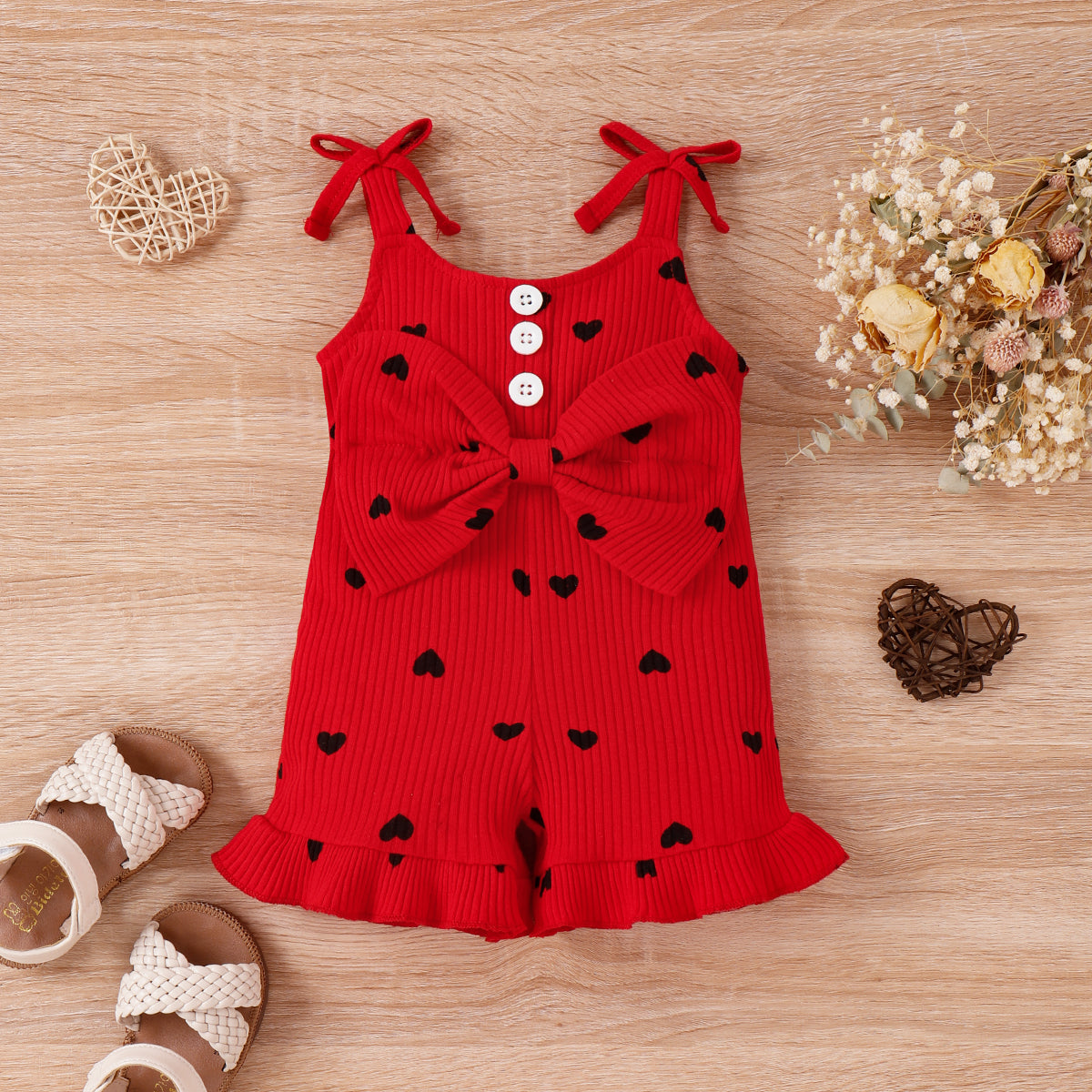 Baby Girl Cotton Ribbed Allover Heart Print Bow Front Ruffle Trim Cami Romper