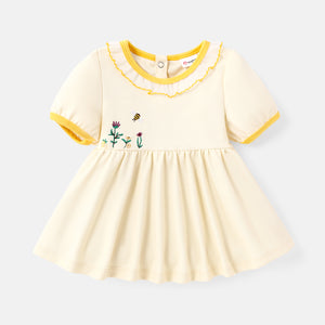 Baby Girl Mesh Collar Puff-sleeve Floral Embroidered Tee