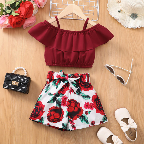 2pcs Kid Girl Flounce Camisole and Floral Print Belted Shorts Set