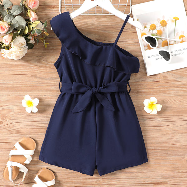 Kid Girl Flounce One Shoulder Sleeveless Belted Rompers