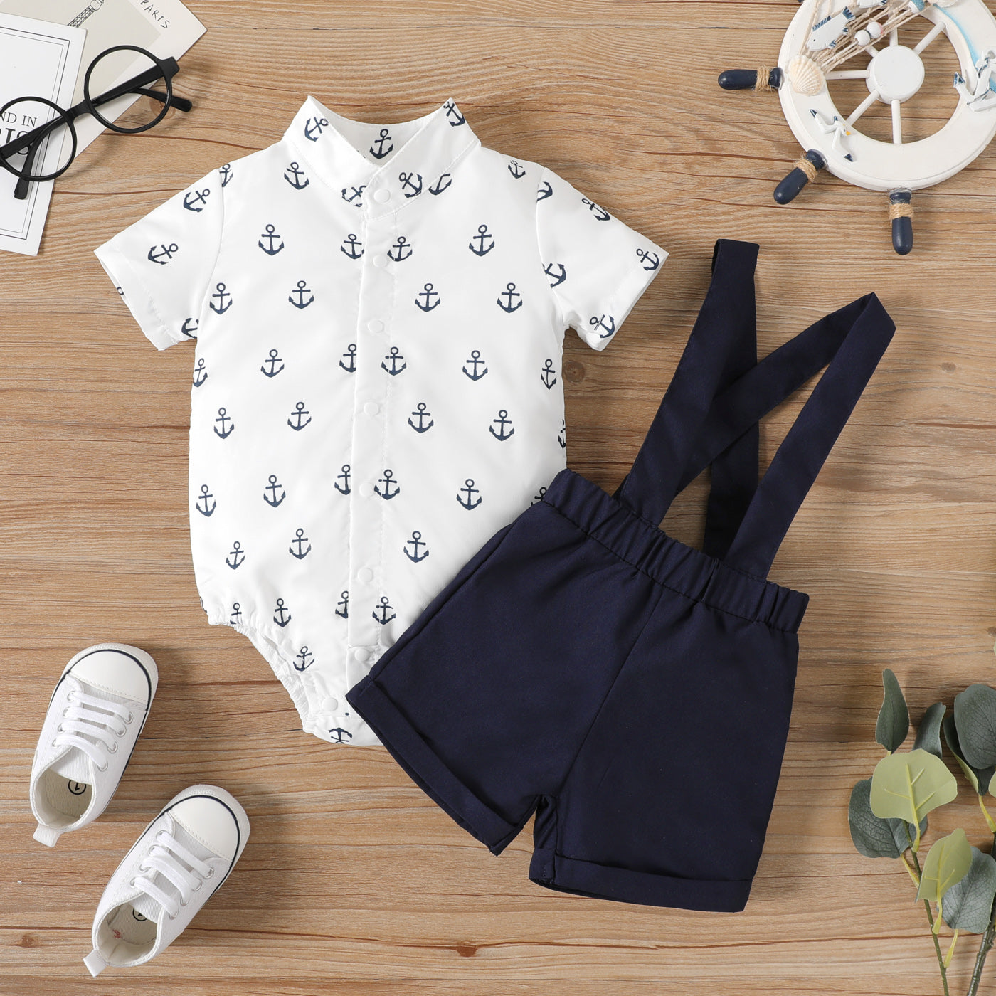 2pcs Baby Boy Allover Anchor Print Short-sleeve Romper and Solid Suspender Shorts Set