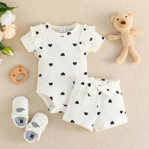 2pcs Baby Girl Allover Heart Print Cotton Ribbed Ruffled Romper and Bow Front Shorts Set