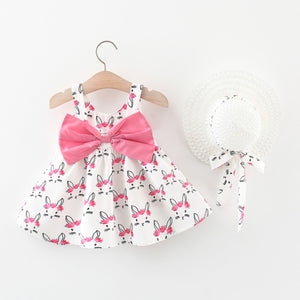 Easter 2pcs Baby Girl Bow Front Pretty Rabbit Print Tank Dress & Hat Set