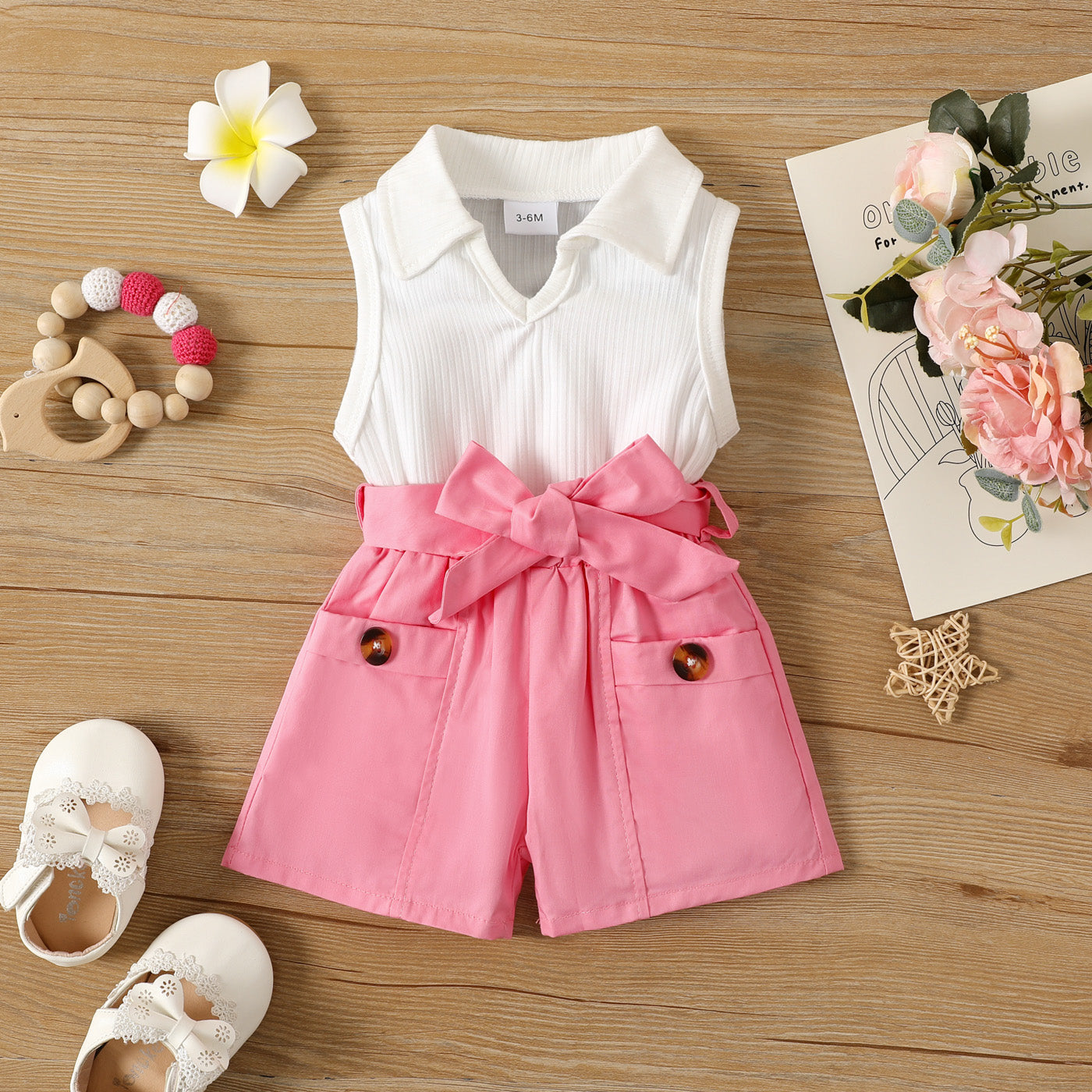 2pcs Baby Girl 100% Cotton Belted Shorts and Ribbed Notched Polo Neck Tank Top Set