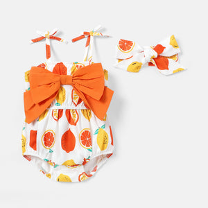 2pcs Baby Girl Cotton Bow Decor Allover Fruit Print Spaghetti Strap Romper & Headband Set