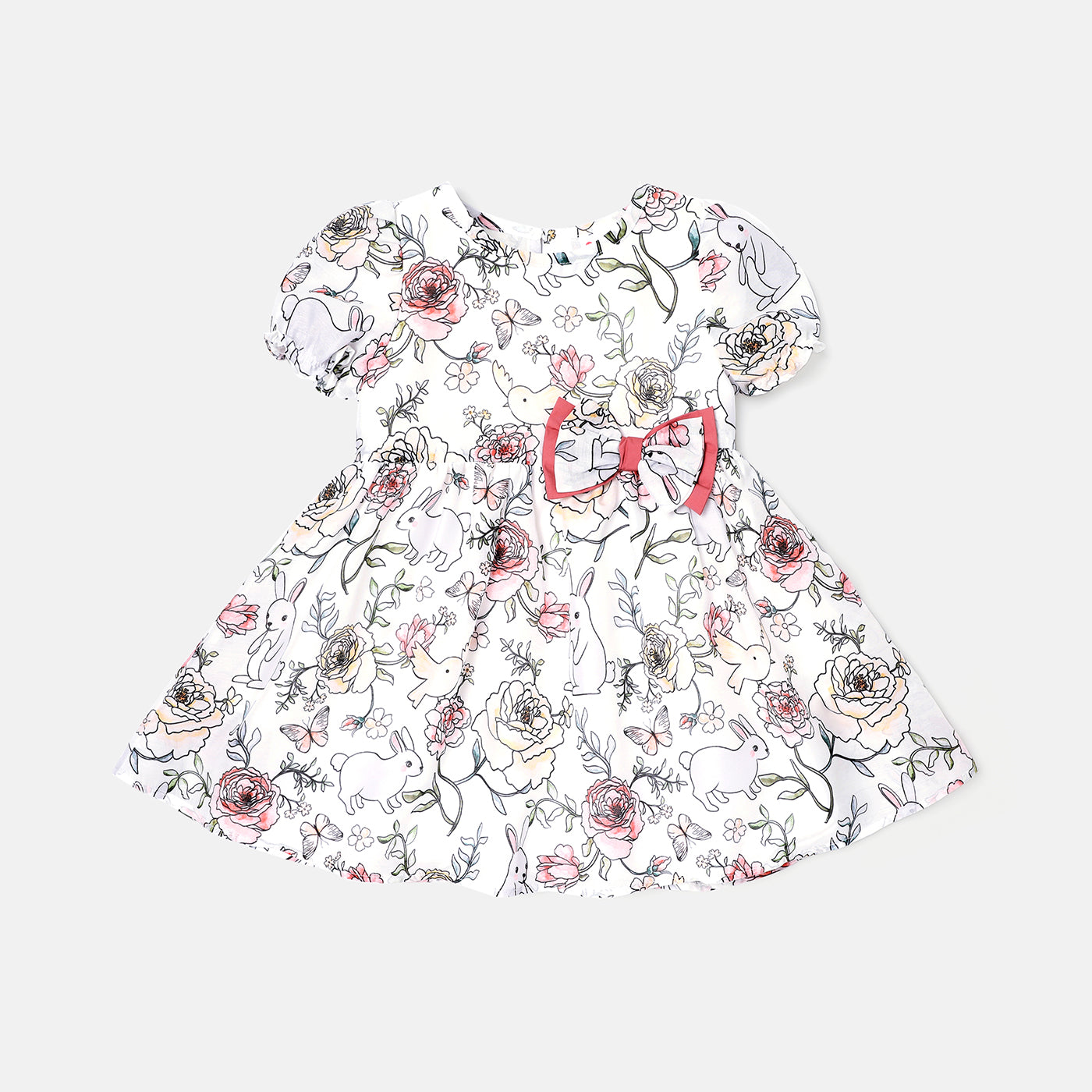 Baby Girl Allover Rabbit Print Puff-sleeve Bow Front Dress