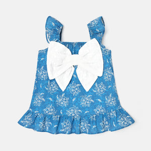 Baby Girl 100% Cotton Contrast Bow Decor Floral Print Flutter-sleeve Dress