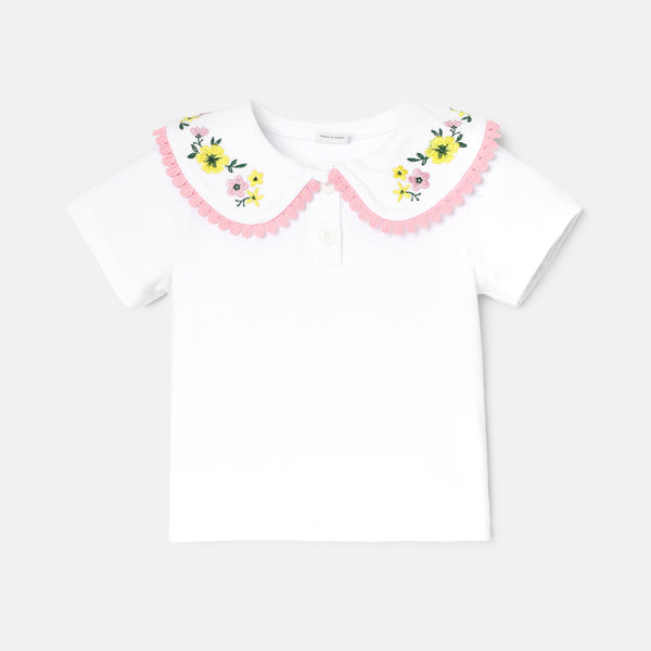 Baby Girl Cotton Floral Embroidered Collar Short-sleeve Tee