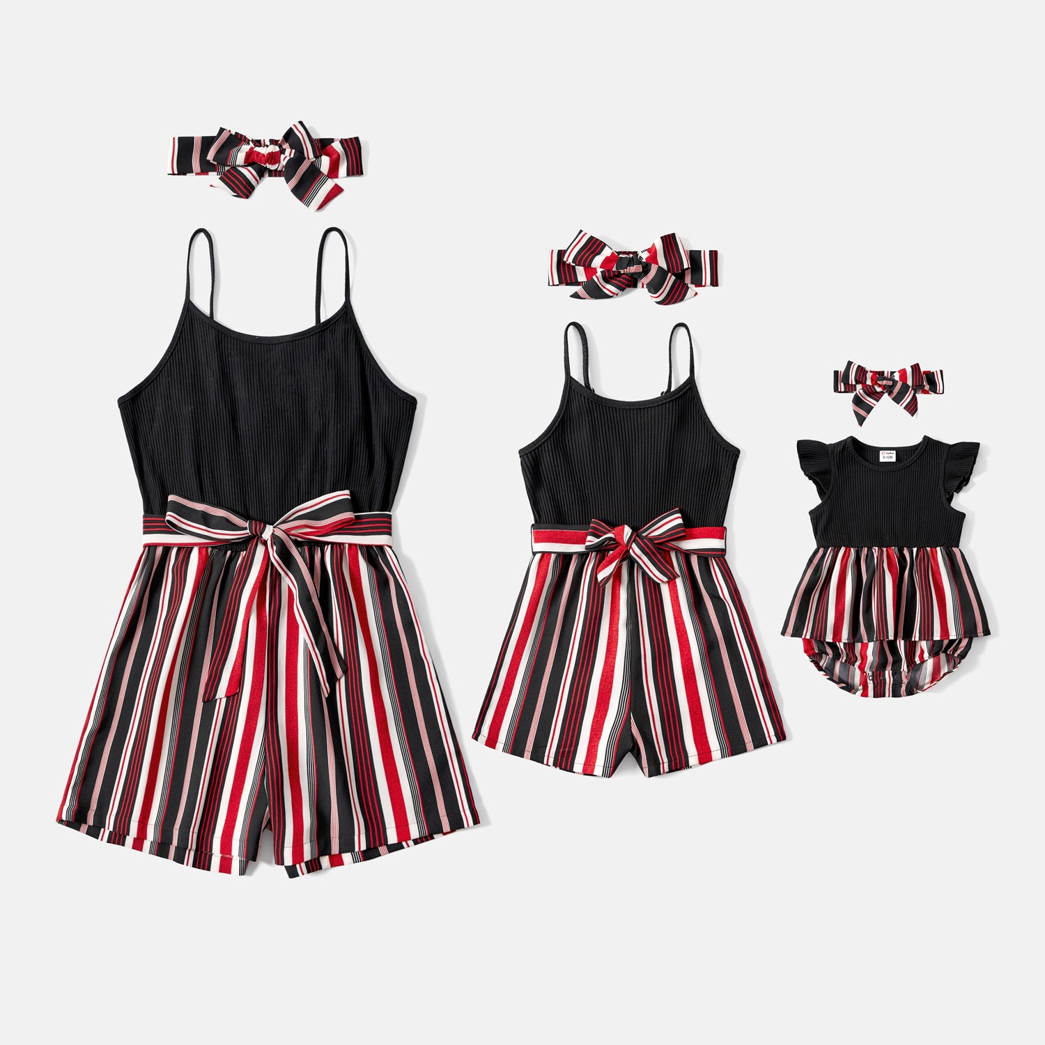 Mommy and Me Black Cotton Ribbed Spliced Striped Belted Cami Rompers