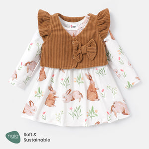 2pcs Baby Girl Allover Rabbit Print Long-sleeve Naia? Dress and Bow Front Vest Set -Globle