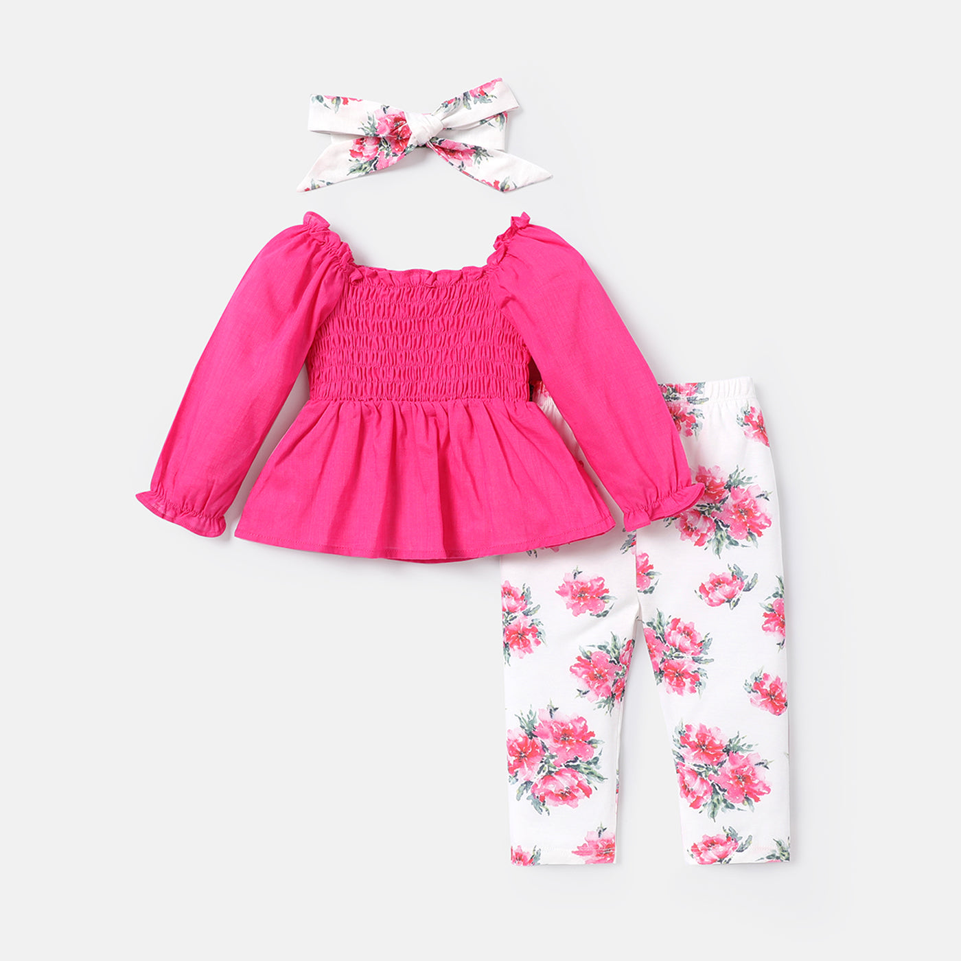 3pcs Baby Girl 100% Cotton Off Long-sleeve Shirred Top and Floral Print Naia? Pants & Headband Set -Globle