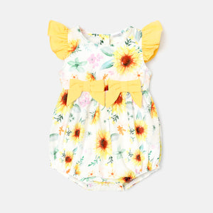 Baby Girl Sunflower Print Bow Front Flutter-sleeve Romper