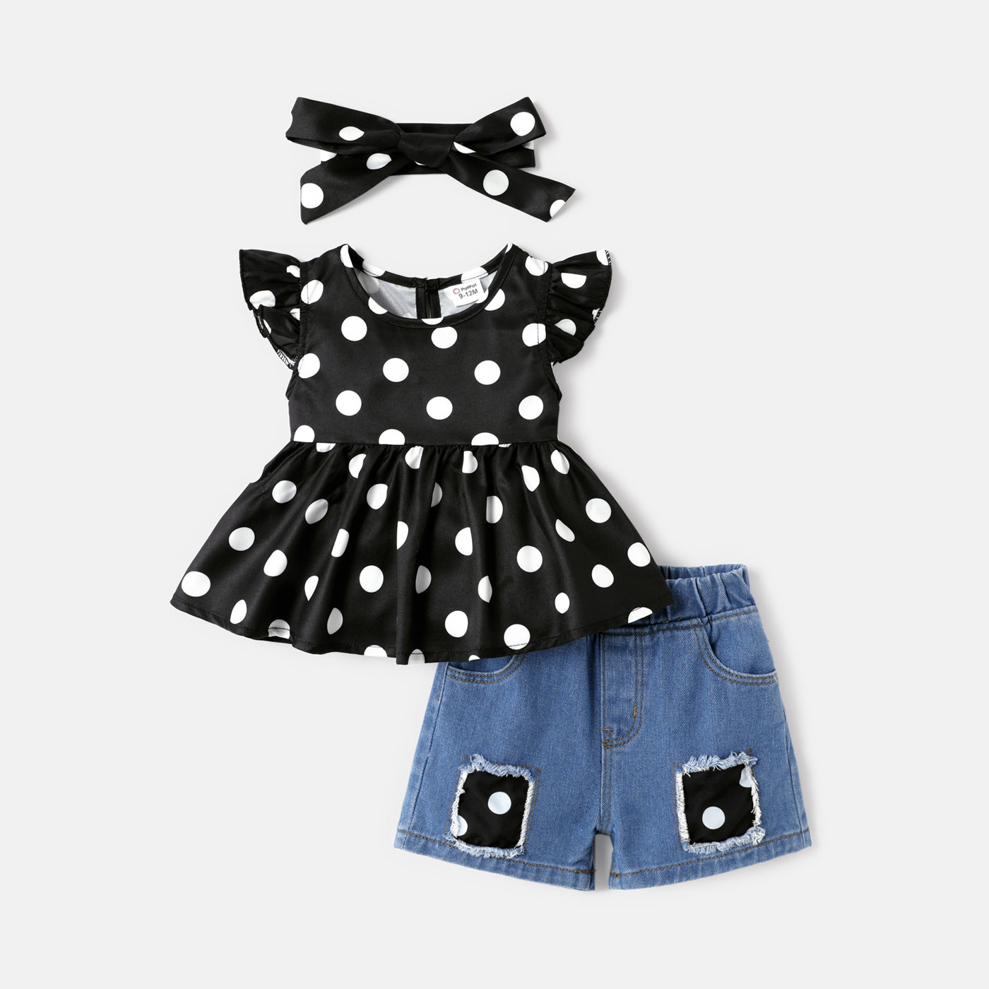 3pcs Baby Girl Polka dots Flutter-sleeve Tee and Ripped Denim Shorts & Headband