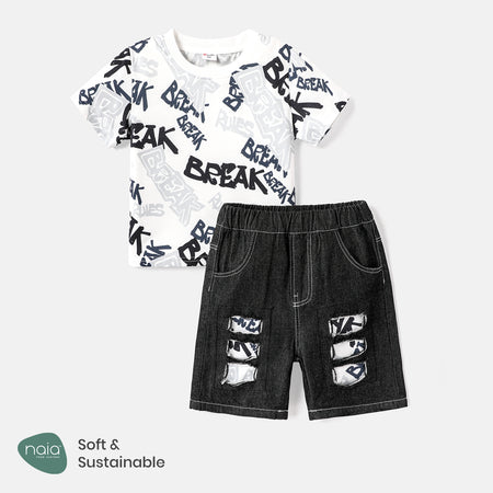 2pcs Toddler Boy Naia Letter Print Short sleeve Tee and Patchwork Ripped Denim Shorts Set -Globle